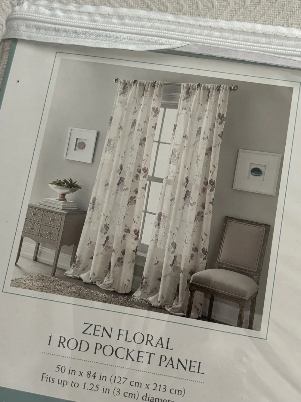 🦋iHome Zen Floral One Rod Pocket Curtain Panel - White with Purple Floral 2 pack